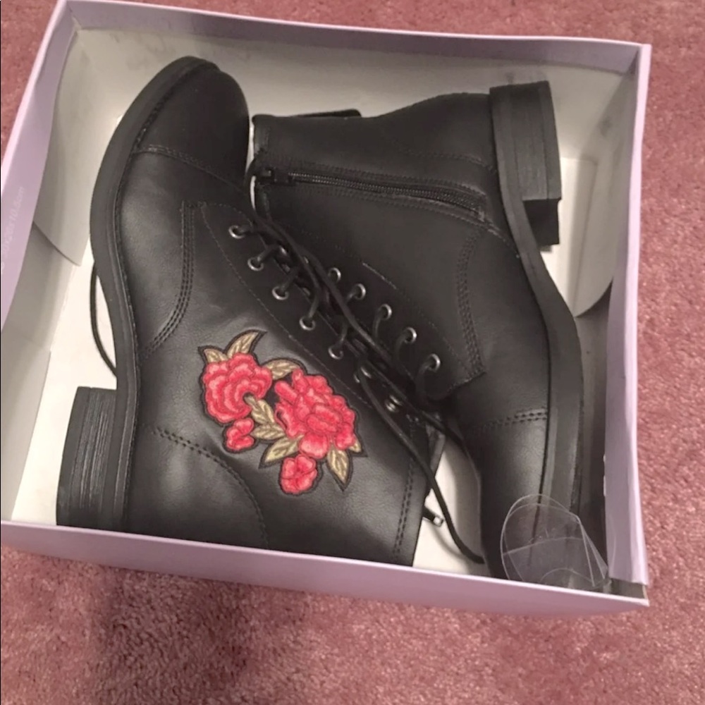 Black floral combat boots